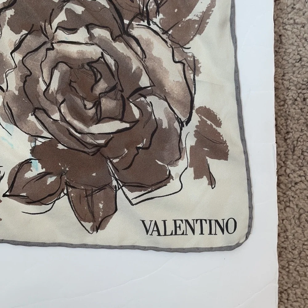 Valentino Petrol blue brown floral square silk scarf